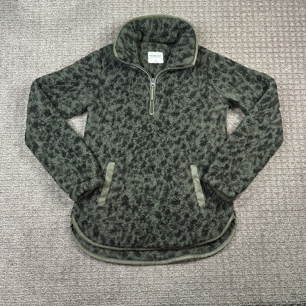 Abercrombie & Fitch Olive Leopard Sherpa Fleece Quarter Zip Pullover XS 152F0942